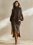 Women's Oversized Turtleneck Ribbed Knit Sweater Dress With Fringe Hem ZMZ1742I0YZH