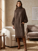 Women's Oversized Turtleneck Ribbed Knit Sweater Dress With Fringe Hem ZMZ1742I0YZH