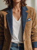 Women's Vintage-Style Faux Suede Blazer With Contrasting Collar And Cuffs, Polka-Dot Pattern, And Single-Breasted Closure ZMZ1864I0ZYY