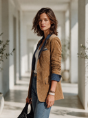 Women's Vintage-Style Faux Suede Blazer With Contrasting Collar And Cuffs, Polka-Dot Pattern, And Single-Breasted Closure ZMZ1864I0ZYY