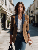 Women's Vintage-Style Faux Suede Blazer With Contrasting Collar And Cuffs, Polka-Dot Pattern, And Single-Breasted Closure ZMZ1864I0ZYY