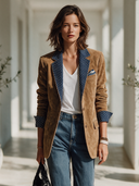 Women's Vintage-Style Faux Suede Blazer With Contrasting Collar And Cuffs, Polka-Dot Pattern, And Single-Breasted Closure ZMZ1864I0ZYY