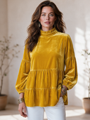 Women's Vintage Elegant Loose Velvet Shirt With Mandarin Collar And Lantern Sleeves ZMZ1723I1ZYY