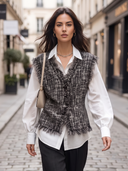 Women's Tweed Vest Sleeveless V Neck Fringe Trim Plaid Button Down Gilet Casual Layering Waistcoat For Fall ZMZ1722I0YZH