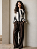 Women's Vintage-Style Elegant Black And White Vertical-Stripe Sweater With Crew Neck And Flared Sleeves ZMZ1734I1ZYY