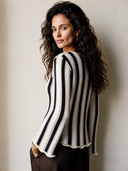 Women's Vintage-Style Elegant Black And White Vertical-Stripe Sweater With Crew Neck And Flared Sleeves ZMZ1734I1ZYY