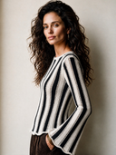 Women's Vintage-Style Elegant Black And White Vertical-Stripe Sweater With Crew Neck And Flared Sleeves ZMZ1734I1ZYY