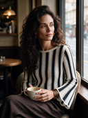 Women's Vintage-Style Elegant Black And White Vertical-Stripe Sweater With Crew Neck And Flared Sleeves ZMZ1734I1ZYY