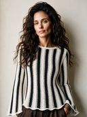 Women's Vintage-Style Elegant Black And White Vertical-Stripe Sweater With Crew Neck And Flared Sleeves ZMZ1734I1ZYY