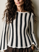 Women's Vintage-Style Elegant Black And White Vertical-Stripe Sweater With Crew Neck And Flared Sleeves ZMZ1734I1ZYY