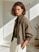Women's Vintage-Style Elegant Casual Knit Cardigan With Leopard Print Panel And Stand-Up Collar Zipper ZMZ1895I6ZYY