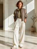 Women's Vintage-Style Elegant Casual Knit Cardigan With Leopard Print Panel And Stand-Up Collar Zipper ZMZ1895I6ZYY