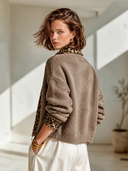 Women's Vintage-Style Elegant Casual Knit Cardigan With Leopard Print Panel And Stand-Up Collar Zipper ZMZ1895I6ZYY