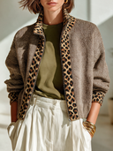 Women's Vintage-Style Elegant Casual Knit Cardigan With Leopard Print Panel And Stand-Up Collar Zipper ZMZ1895I6ZYY