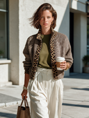 Women's Vintage-Style Elegant Casual Knit Cardigan With Leopard Print Panel And Stand-Up Collar Zipper ZMZ1895I6ZYY
