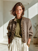 Women's Vintage-Style Elegant Casual Knit Cardigan With Leopard Print Panel And Stand-Up Collar Zipper ZMZ1895I6ZYY