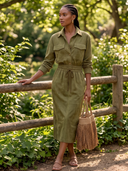 Women's Olive Green Long Sleeve Utility Shirt Midi Dress With Pockets ZMZ1845I1YZH