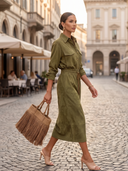 Women's Olive Green Long Sleeve Utility Shirt Midi Dress With Pockets ZMZ1845I1YZH