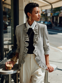 Women's Vintage-Style Elegant Black And White Vertical-Stripe Ruffled Jacket ZMZ1879I3ZYY