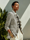 Women's Vintage-Style Elegant Black And White Vertical-Stripe Ruffled Jacket ZMZ1879I3ZYY