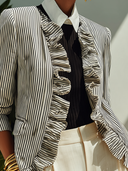 Women's Vintage-Style Elegant Black And White Vertical-Stripe Ruffled Jacket ZMZ1879I3ZYY
