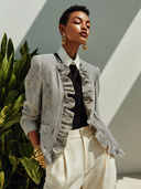Women's Vintage-Style Elegant Black And White Vertical-Stripe Ruffled Jacket ZMZ1879I3ZYY