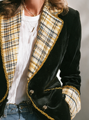 Women's Vintage-style Elegant Velvet Blazer Featuring A Single-breasted Design And Plaid-paneled Collar And Cuffs ZMZ1895I0ZYY