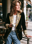 Women's Vintage-style Elegant Velvet Blazer Featuring A Single-breasted Design And Plaid-paneled Collar And Cuffs ZMZ1895I0ZYY