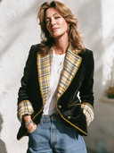 Women's Vintage-style Elegant Velvet Blazer Featuring A Single-breasted Design And Plaid-paneled Collar And Cuffs ZMZ1895I0ZYY