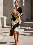 Women's Vintage Elegant Color-Block Stand-Collar Long-Sleeve Knit Midi Dress ZMZ1812I2ZYY