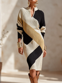 Women's Vintage Elegant Color-Block Stand-Collar Long-Sleeve Knit Midi Dress ZMZ1812I2ZYY