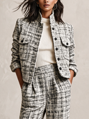 Women's Tweed Short Jacket Stand Collar Plaid Textured Single Breasted Coat With Flap Pockets Fall Casual Outerwear ZMZ1855I0YZH