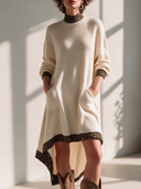 Women's Vintage-Style Elegant Long-Sleeve Knit Mini Dress With Leopard Print Stand Collar Panel ZMZ1864I9ZYY