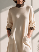 Women's Vintage-Style Elegant Long-Sleeve Knit Mini Dress With Leopard Print Stand Collar Panel ZMZ1864I9ZYY