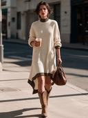 Women's Vintage-Style Elegant Long-Sleeve Knit Mini Dress With Leopard Print Stand Collar Panel ZMZ1864I9ZYY