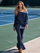 Women's Casual Striped Cold-Shoulder "Faux-Layered" Sweatshirt And Flared Pants Set ZMZ1830I3XT