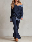 Women's Casual Striped Cold-Shoulder "Faux-Layered" Sweatshirt And Flared Pants Set ZMZ1830I3XT