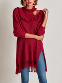 Women's Solid Color Ruffled Turtleneck Off-shoulder Tassel Hem Loose Sweater ZMZ1712I2XT