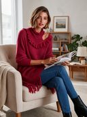 Women's Solid Color Ruffled Turtleneck Off-shoulder Tassel Hem Loose Sweater ZMZ1712I2XT