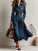 Women's Vintage Casual Washed Button-Front Denim Maxi Shirt Dress (Belt Not Included) ZMZ1794I1XT