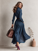 Women's Vintage Casual Washed Button-Front Denim Maxi Shirt Dress (Belt Not Included) ZMZ1794I1XT