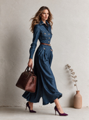 Women's Vintage Casual Washed Button-Front Denim Maxi Shirt Dress (Belt Not Included) ZMZ1794I1XT