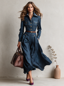 Women's Vintage Casual Washed Button-Front Denim Maxi Shirt Dress (Belt Not Included) ZMZ1794I1XT