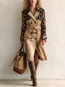 Women's Fashionable Cotton Double-Breasted Trench Coat With Leopard-Print Faux Suede Patchwork ZMZ2007I1SWL