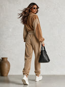 Women's Urban Casual Suede Patchwork Waffle Knit Jacket And Trousers Two-Piece Set ZMZ2015I0XT