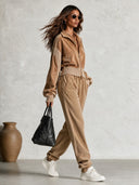 Women's Urban Casual Suede Patchwork Waffle Knit Jacket And Trousers Two-Piece Set ZMZ2015I0XT