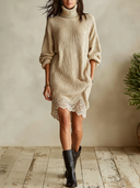 Women's Oversized Ribbed Turtleneck Sweater Dress With Crochet Lace Hem ZMZ2052I9YZH
