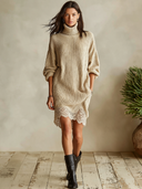 Women's Oversized Ribbed Turtleneck Sweater Dress With Crochet Lace Hem ZMZ2052I9YZH