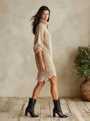 Women's Oversized Ribbed Turtleneck Sweater Dress With Crochet Lace Hem ZMZ2052I9YZH