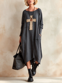 Women's Vintage Cotton Long-Sleeve Midi Dress With Cross-Pattern Patchwork ZMZ2032I5SWL